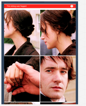 image of a Tumblr post divided into quarters. Each quarter shows a still from the scene in Pride and Prejudice where Darcy holds Elizabeth's hand for the first time. The image has an orange bar across the top border.
