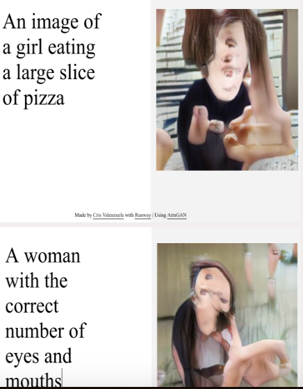 A screenshot of two pictures of a human girl as drawn by a robot. One half of the image is white with black text describing what the girl is supposed to look like. The right side of the image shows two disturbing ugly pictures of a mammal who looks a lot like a monkey and not much like a girl.